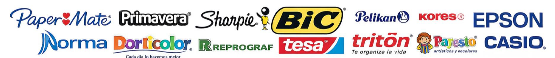 Marcas reconocidas de papelería en Colombia: Paper Mate, Primavera, Sharpie, BIC, Pelikan, Kores, Epson, Norma, Dorlicolor, Reprograf, Tesa, Tritón, Pajesto, Casio